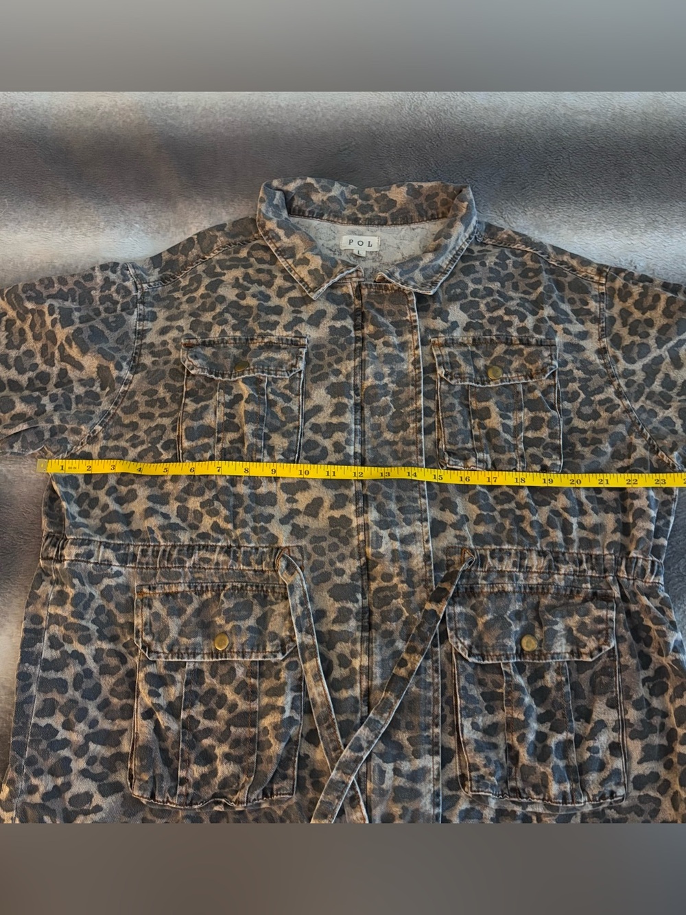 POL Women's Leopard Cheetah Print Distressed Cargo Jacket Size L - Picture 14 of 15